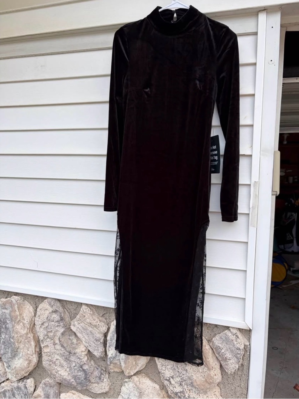 Lulu's Black Velvet Long Sleeve Midi Dress with Lace Panels
